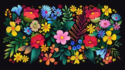 boho flowers and foliage colorful pattern spring summer element on black background
