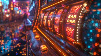 3D render of a slot machine featuring a kaleidoscope of colors on its reels, set against the casino s shimmering lights - obrazy, fototapety, plakaty