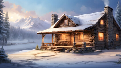 Visualization of a christmas rustic log cabin tucked away in a serene snowy landscape with smoke rising from the chimney, indicating a warm fire inside. - obrazy, fototapety, plakaty