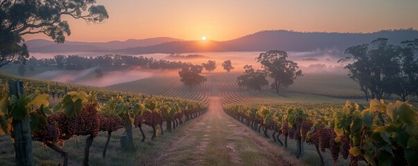 Soft morning light illuminates grapevines in tranquil rural vineyard setting at sunrise