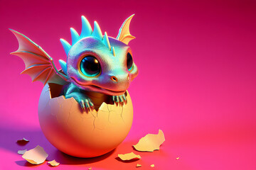 Fototapeta premium a dragon hatched out of an egg on a pink background, toy design,
