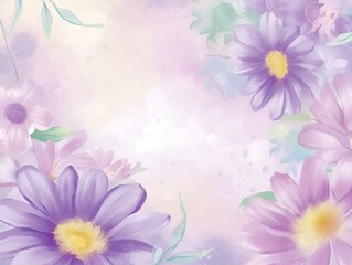 AI generated illustration of multiple flowers on a floral backdrop in soft blue and purple hues
