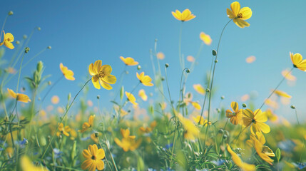 Fototapeta premium Yellow Flowers in a Field Under a Bright Blue Sky A Sunny Floral Meadow, a Serene View, and Colorful Petals in Bloom