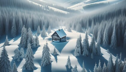 AI generated illustration of A solitary cabin nestled among snow-covered pine trees - obrazy, fototapety, plakaty