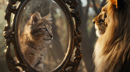 Tiny fuzzy cute cat looking into a large mirror seeing a huge ferocious lion reflected back, Fierce, elegant, formidable