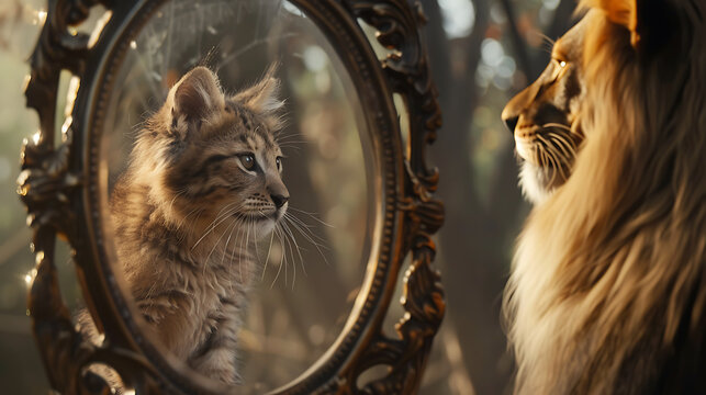 Tiny fuzzy cute cat looking into a large mirror seeing a huge ferocious lion reflected back, Fierce, elegant, formidable