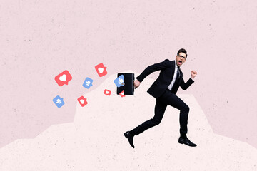 Trend artwork sketch collage of young scared businessman guy run suffer from like heart thumb feedback notification social media reaction