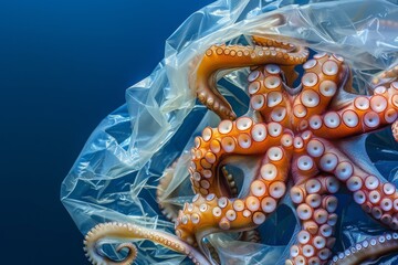 Vibrant octopus entangled in a plastic bag amidst the blue sea, evoking the conflict between marine life and plastic waste - obrazy, fototapety, plakaty