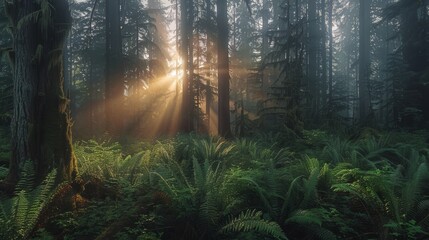 Sunlight piercing the old forest canopy, green leaves shimmer in the enchanting morning - obrazy, fototapety, plakaty