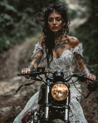 Fototapeta na wymiar Tattooed bride riding a motorcycle, AI-generated.