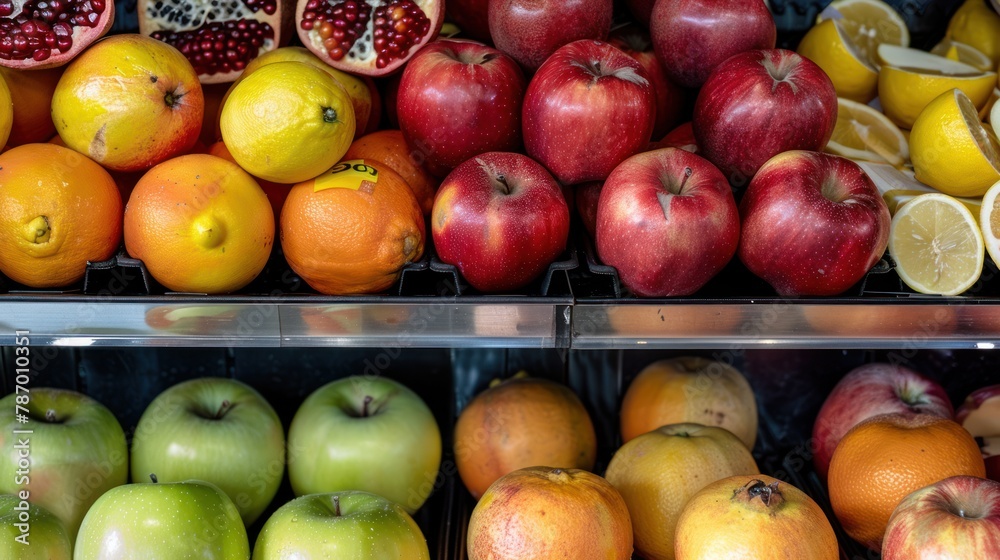 Wall mural fresh fruit on the counter in the store, vegan and healthy food