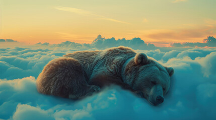 Illustration of a bear sleeping soundly on a cloud at a peaceful dawn - obrazy, fototapety, plakaty