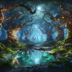 AI illustration of a forest pathway at night with enchanting fairy trees and twinkling lights
