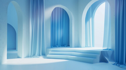 AI generated illustration of an interior with a series of blue arches leading to a balcony