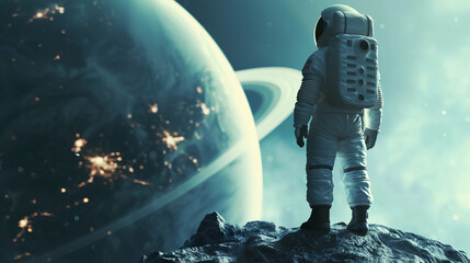 AI generated illustration of an astronaut in a white spacesuit gazing into the distance - obrazy, fototapety, plakaty