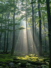 Sun rays filtering through a dense forest, beams of light illuminating the mist, serene setting