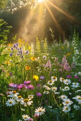 Obraz premium Sunlight accentuates the gentle wildflower petals in a tranquil meadow, celebrating natural beauty