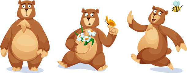 Funny bear characters set isolated on white background. Vector cartoon illustration of grizzly mascot, cute brown animal standing and smiling, sitting with flower and butterfly, running from angry bee - obrazy, fototapety, plakaty