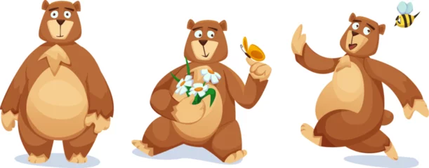 Gordijnen Funny bear characters set isolated on white background. Vector cartoon illustration of grizzly mascot, cute brown animal standing and smiling, sitting with flower and butterfly, running from angry bee © klyaksun