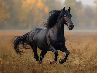 AI generated illustration of a horse running through an autumn field