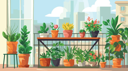 Garden on home balcony with plant in pot vector - obrazy, fototapety, plakaty