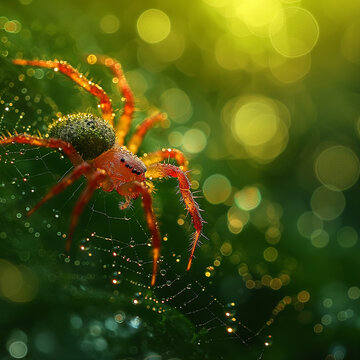 AI generated illustration of a spider covered in dewdrops on a leaf
