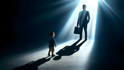 A child illuminated by a bright light from the front, with their shadow forming the silhouette of a businessperson. A youth and future aspirations. - obrazy, fototapety, plakaty
