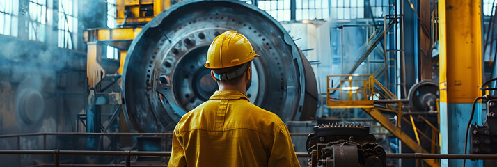 A skilled repairman wearing a yellow helmet works in an industrial factory, ensuring safety and overseeing production.