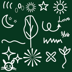 Cute kid scribble line flower, heart. rainbow background. Hand drawn doodle sketch childish element set. Flower, heart, cloud children draw style design elements background. Vector illustration