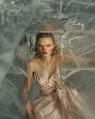 AI generated illustration of a woman in a champagne gown posing in an icy cave for a photoshoot