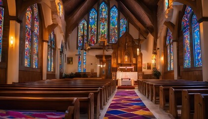 AI generated illustration of the interior of a traditional church with wooden pews and stained glass