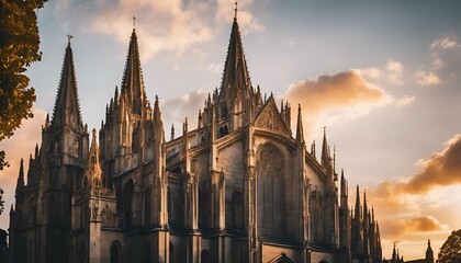 AI generated illustration of a stunning cathedral at sunset with sun rays filtering through clouds - obrazy, fototapety, plakaty