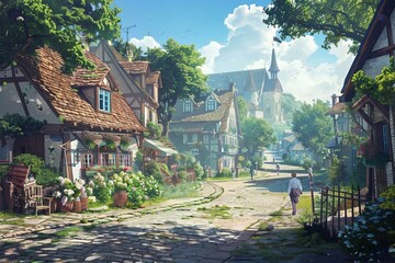 A charming countryside village with quaint cottages, cobblestone streets, and villagers going about their daily lives