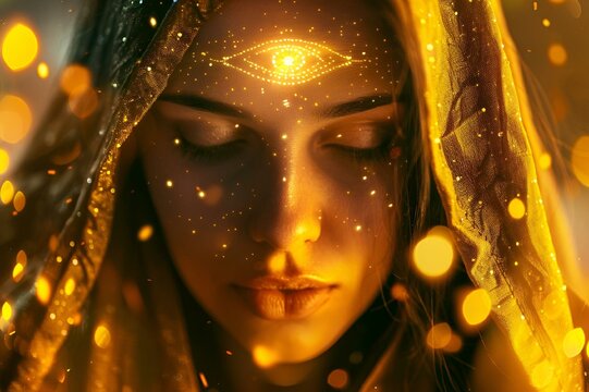 AI-generated illustration of a mystical oracle with illuminated third eye