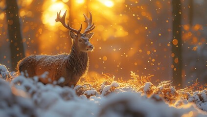 A deer stands gracefully in the snowy forest at sunset, surrounded by a beautiful natural landscape, with its majestic horns adding to the atmospheric phenomenon