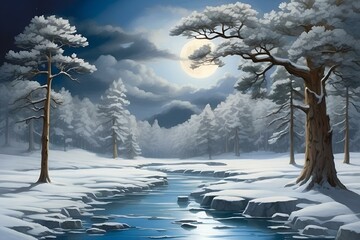 AI generated illustration of a winter forest with snowy river, moonlit sky, and trees - obrazy, fototapety, plakaty