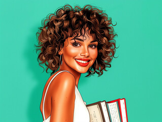Portrait coloré d'une étudiante souriante aux cheveux bouclés, brune ou métis, elle porte des livres d'études, portrait isolé sur fond bleu turquoise - obrazy, fototapety, plakaty