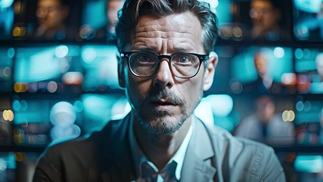 Focused Expert Observing High-Tech Surveillance Monitors. Concept Security Monitoring, Surveillance Technology, Expert Analysis, High-Tech Observations, Focused Expertise