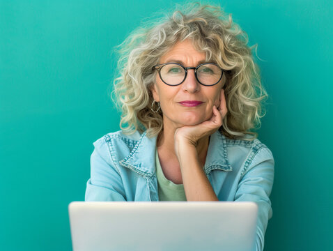 Portrait color&eacute; d'une femme mature avec des lunettes, 50 ou 60 ans, devant son ordinateur, travailleur du num&eacute;rique, travail de bureau, sur fond bleu