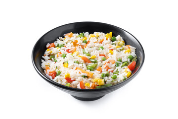 White rice with vegetables in a black bowl isolated on white background
