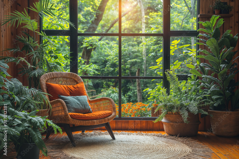 Poster a sun shines through a window into a sitting area with a chair