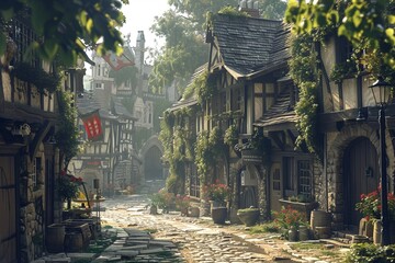 A charming countryside village with quaint cottages, cobblestone streets, and villagers going about their daily lives - obrazy, fototapety, plakaty