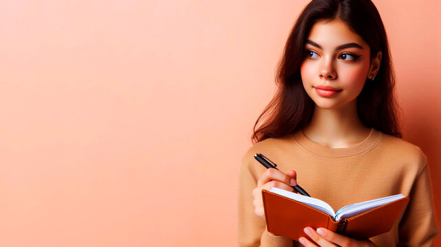 Photo of smart girl hold copybook look at promo empty space write plan isolated on pastel background