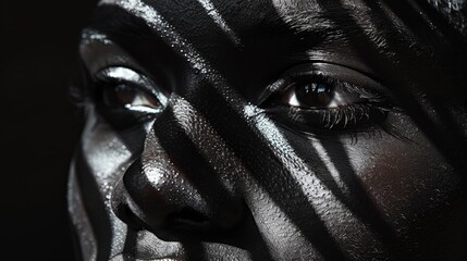 A chic portrait of a model with ivory skin, with abstract palm shadows creating a modern art effect, set against a jet black background