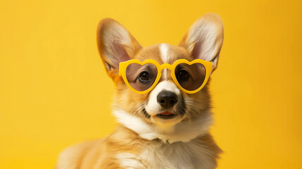 St. Valentine's Day card concept. Funny puppy dog corgi in yellow heart shaped glasses isolated on yellow background with copy space	