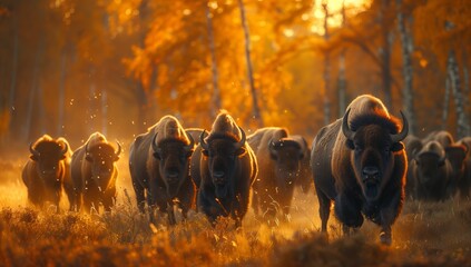 A herd of bison roam the grassland at sunset, their snouts grazing on the fawn grass. The natural landscape of the prairie is surrounded by forests