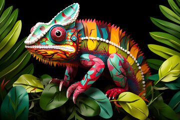 Fototapeta premium Colorful chameleon in the jungle, cut paper art style illustration