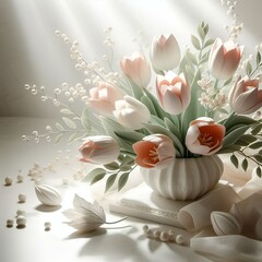 AI generated illustration of white tulips illuminated perfectly