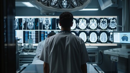 AI generated illustration of a male surgeon examining MRI scans in a hospital operating room