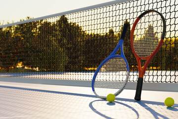 Tennis rackets and balls near the net on an outdoor sports court. 3d rendering